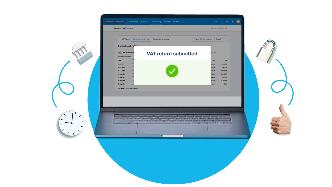 A laptop showing Vat return submitted with icons around the outside